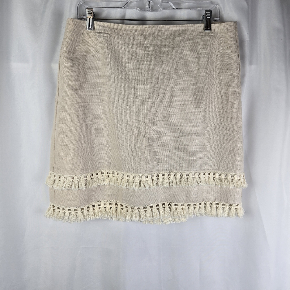 LOFT Women Linen Blend Cream Tiered Boho Tassle Fringe Lined Skirt Size 12